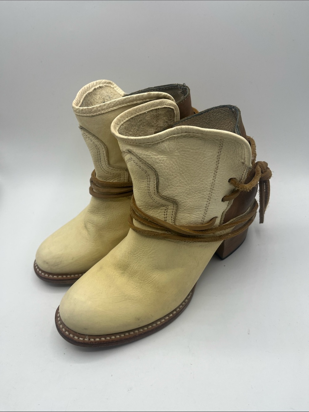 Freebird by Steven Cream Leather Ankle Booties with Brown Wrap Detail